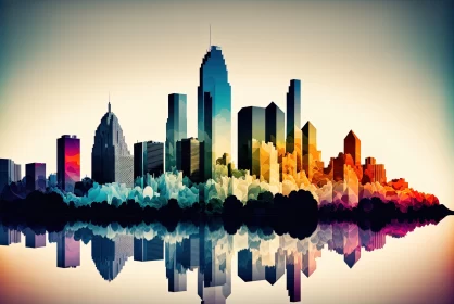 Abstract City Skyline Reflection in Color Splash Style