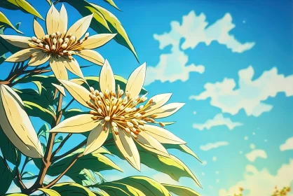 Japanese Cartoon Flower in Enigmatic Tropics under Golden Light AI Image