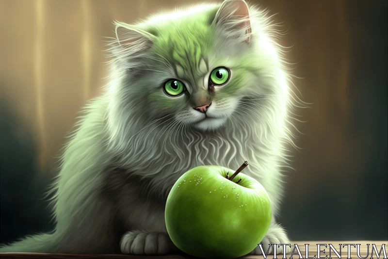 Realistic Fantasy Artwork: A Green Cat and an Apple AI Image