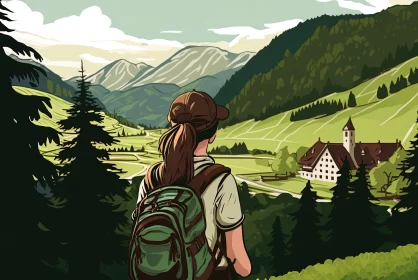 Young Woman Adventuring in Alpine Wilderness - 2D Game Art Style