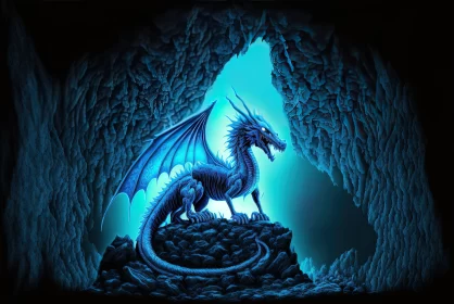 Blue Dragon in Cavern - A Mysterious and Intricately Detailed Artwork AI Image