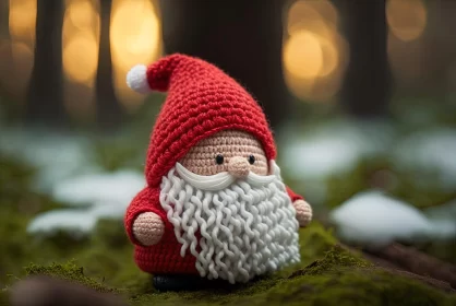 Charming Knitted Santa Claus Miniature in Forest - Christmas Art AI Image