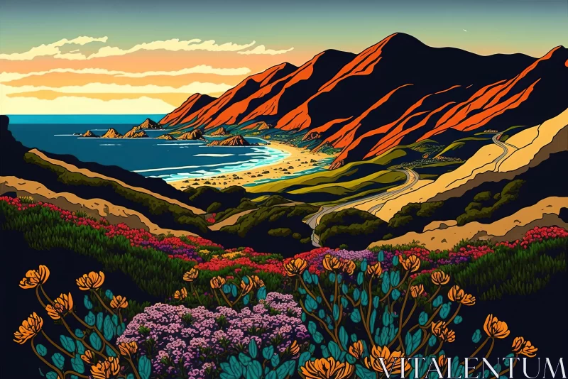 Colorful Coastal Landscape with Flowers and Mountains AI Image