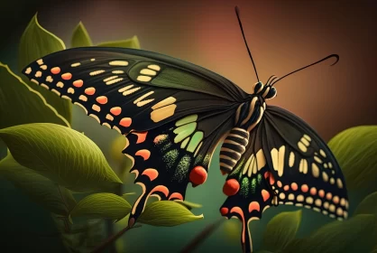 Stylized Realistic Artwork of Butterfly on Leaf AI Image