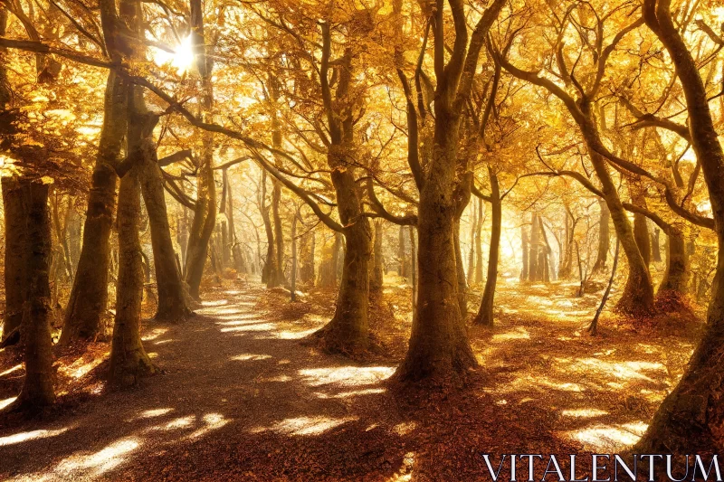 Sunlit Autumn Forest in Traditional British Landscape Style AI Image