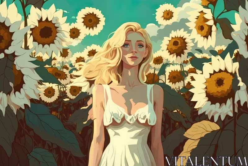 Blonde Girl in Sunflower Field: A Cartoon Realism Masterpiece AI Image