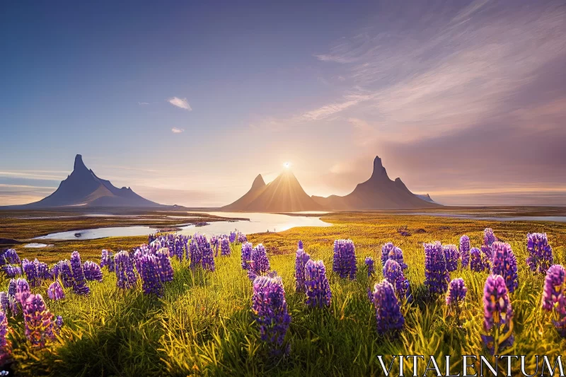 Iceland's Purple Flower Field: A Golden Light Spectacle AI Image
