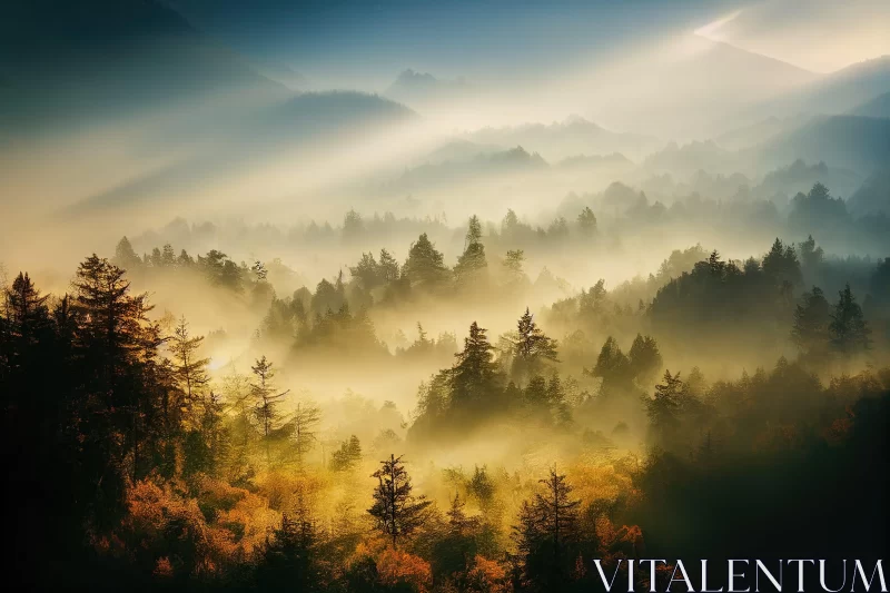 Sun Rising Over Misty Forest: An Ethereal Landscape AI Image