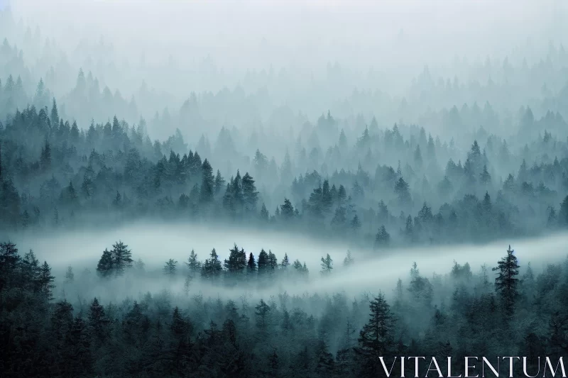 Enchanting Forest - A Panoramic Wilderness Veiled in Fog AI Image