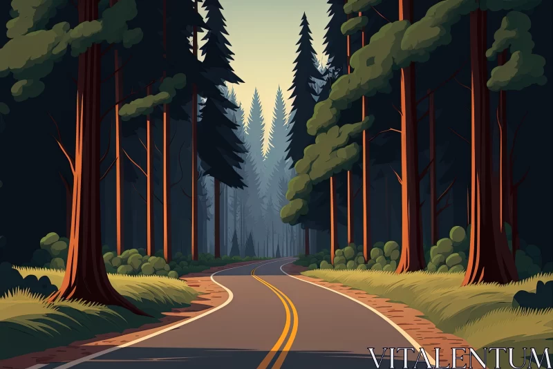 Serene Forest Road: Playful Cartoonish Illustration AI Image