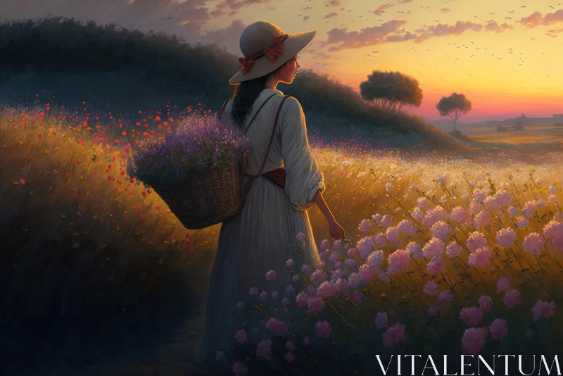 Victorian-Inspired Illustration of Woman in Flower Field AI Image