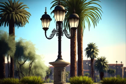 Classical Streetlamp Amidst Palm Trees in Tranquil Gardenscape AI Image