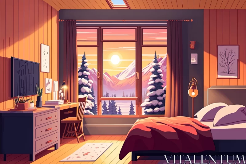 Cozy Winter Bedroom with Mountain View in Cartoon Realism AI Image