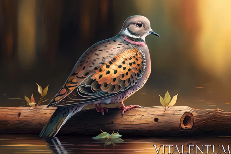 Dove on Log by Water - Nature-Inspired Illustration AI Image