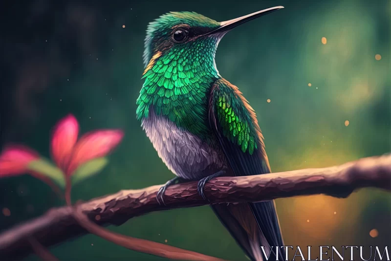 Emerald and Bronze Hummingbird on Floral Branch in Pixel Art AI Image