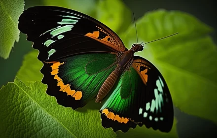 Green and Black Butterfly on Leaves: A Mesmerizing Display of Indonesian Art AI Image