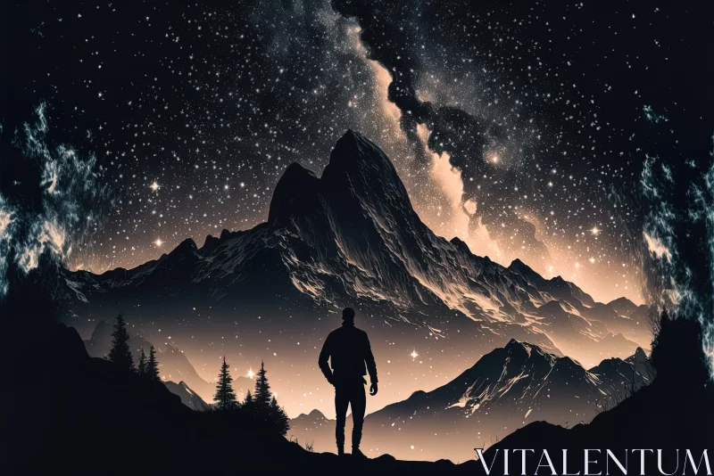Man standing against mountain under starry sky | Psychological phenomena illustration AI Image