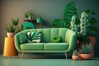 3D Rendered Green Living Room with Potted Plants - Nature Inspired Contemporary Design AI Image