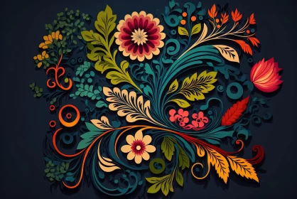 Colorful Floral Folk Art Design on Dark Background