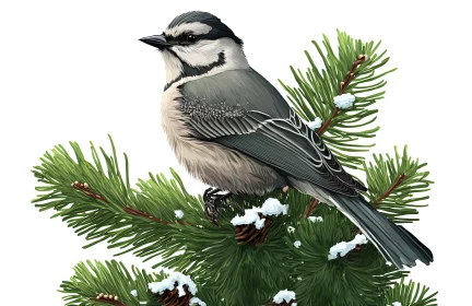 Detailed Illustration of a Grey Bird on a Pine Tree in Winter