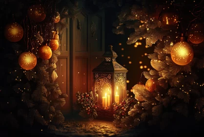 Festive Christmas Lantern in a Dark Amber-toned Interior AI Image