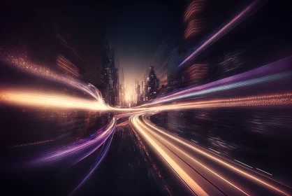 Futuristic City Night Scene with Blurred Light Trails AI Image