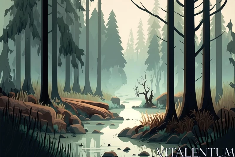 Mysterious Forest River Illustration with Hazy Atmosphere AI Image