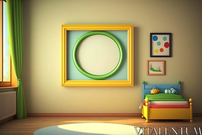 Colorful Child's Room with Yellow Frame and Green Bed AI Image