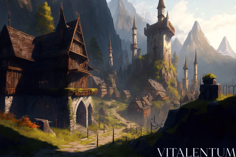 Medieval Villagecore Castle Amidst Mountains - Digital Painting AI Image