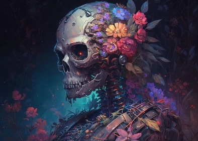Robotic Skeleton Woman with Floral Crown - A Fusion of Futurism and Fantasy