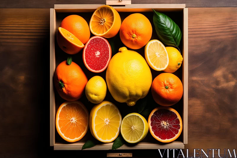 Bold and Colorful Citrus Composition in Wooden Box AI Image