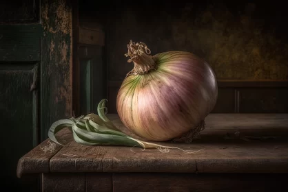 Classical Genre Art: Onion on Wooden Table