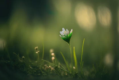 Delicate White Flower Amidst Grassy Field: A Whimsical Interpretation