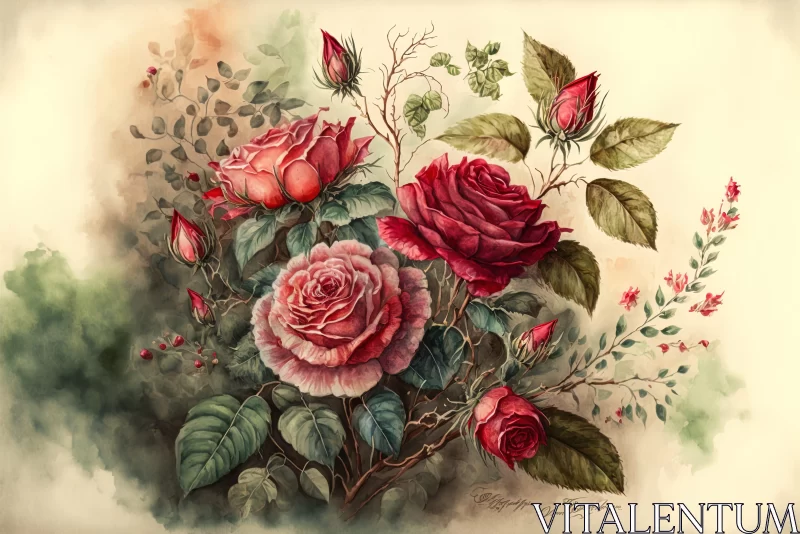 AI ART Detailed Floral Watercolor Painting - Roses and Leaves