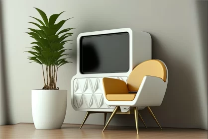 Futuristic Retro Styled TV Room with Yellow Sofa and Plant