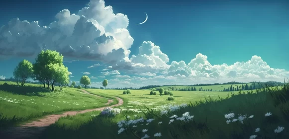 Serene Anime Art Landscape with Pastoral Theme