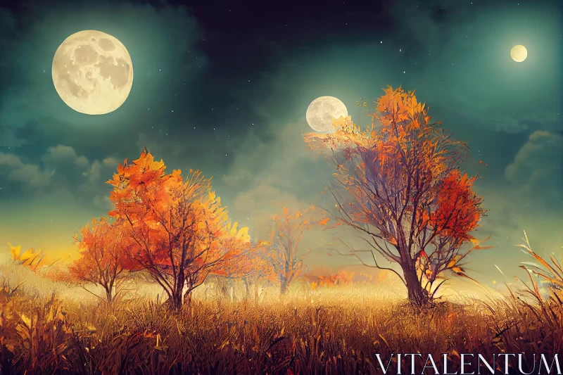 Dreamy Autumn Landscape with Dual Moons AI Image