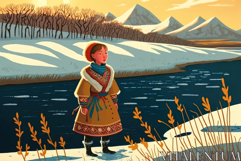 AI ART Illustration of Girl in Traditional Northern Attire by River