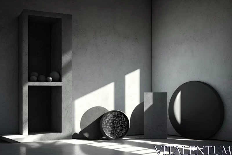 Modern Minimalism: Circular Concrete Objects in Monochrome Room AI Image