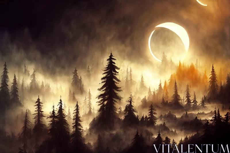 Mysterious Lunar Eclipse in Foggy Forest Artwork AI Image
