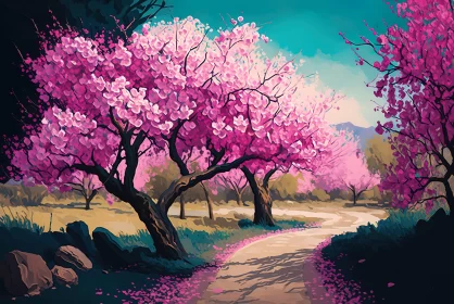 Anime Style Art of Trees with Pink Blossoms AI Image