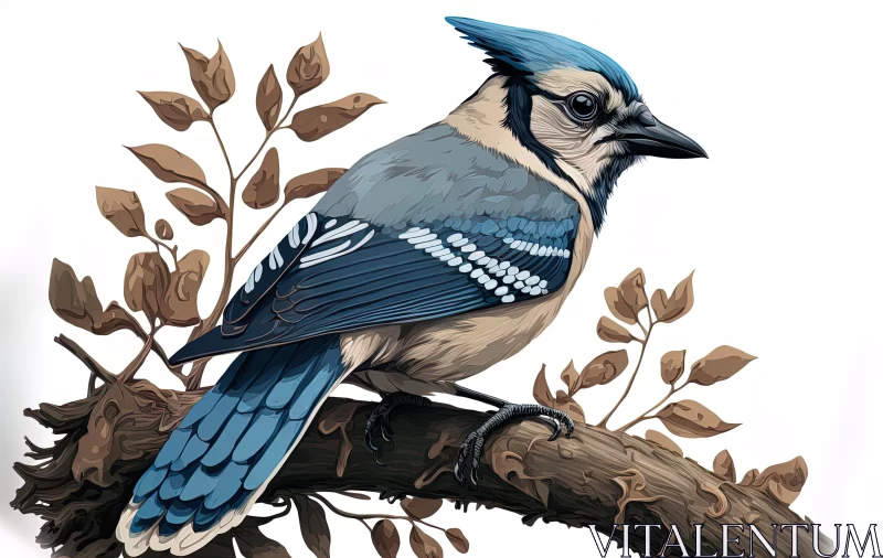 Blue Jay on Branch: Detailed Character Illustration AI Image