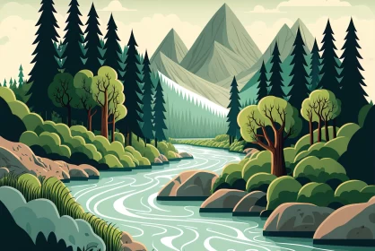 Bold Graphic Illustration of a River Flowing Through a Forest