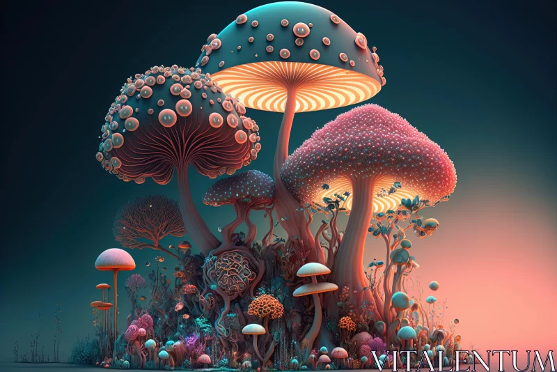 Colorful Mushroom Fantasy: A Psychedelic Neon Landscape AI Image