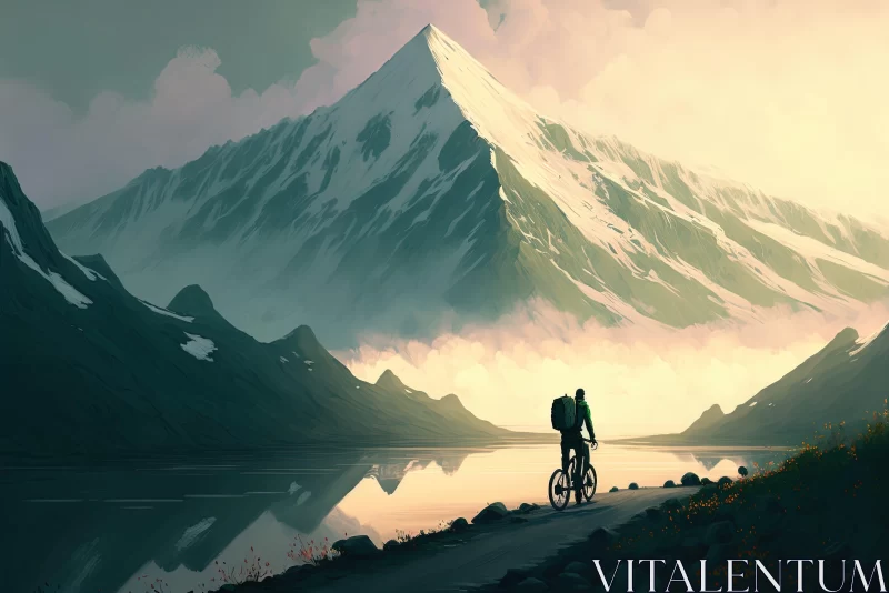 Person Riding Bike Near Mountains - Realistic Landscape Art AI Image