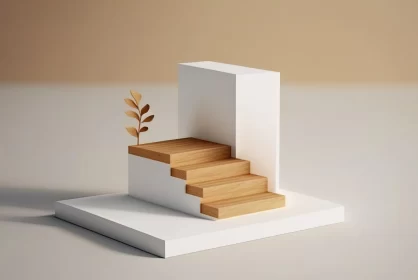 Minimalist Wooden Stairs with Plant - 3D Representation