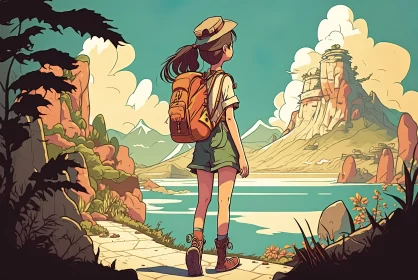 Anime Adventure - Girl with Backpack in Expansive Landscapes AI Image