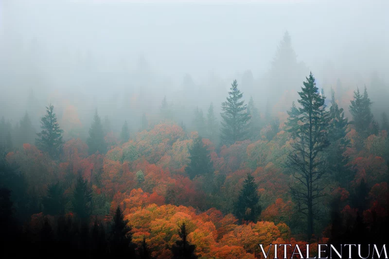 Captivating Foggy Forest with Warm Tones and Mountainous Vistas AI Image