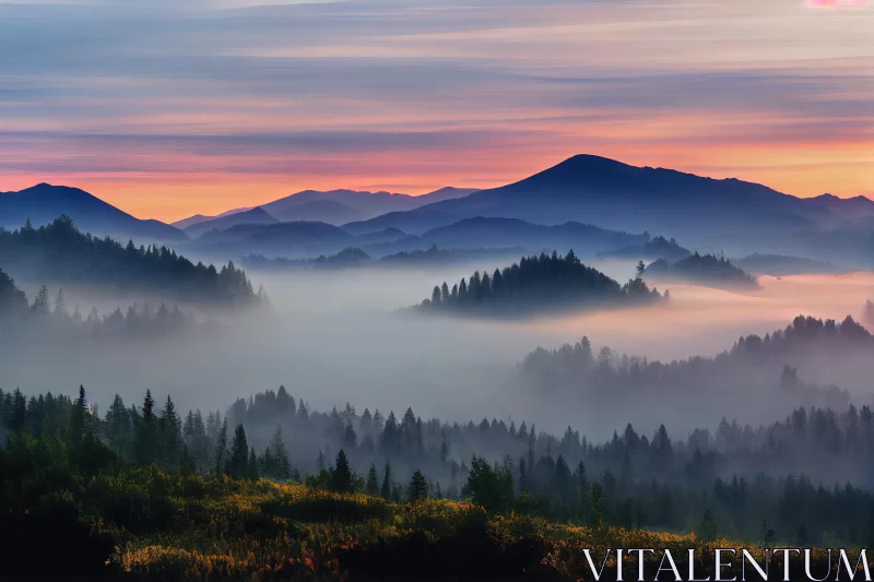 Impressionistic Romantic Landscape: Mountains, Fog, and Forest AI Image