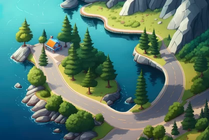 Scenic Lake and Cartoon Characters in a Vivid Landscape